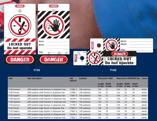 ABUS T150 LOTO munkavédelmi Tagout (kitáblázó) biléta, széles kivitel - Angol nyelvű