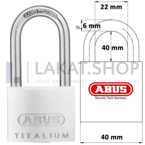 ABUS 64TI/40HB40 KA6412 hosszúkengyelű egységkulcsos lakat tetszőleges darabszámban