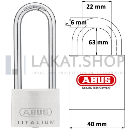 ABUS 64TI/40HB63 KA6415 hosszúkengyelű egységkulcsos lakat tetszőleges darabszámban